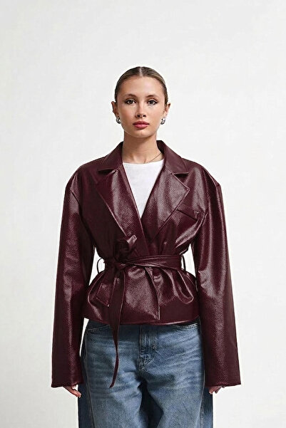 Jaglion Νέα Σεζόν AcıKahve διπλό πέτο Μπουφάν με ζώνη και κουμπιά Δερμάτινο