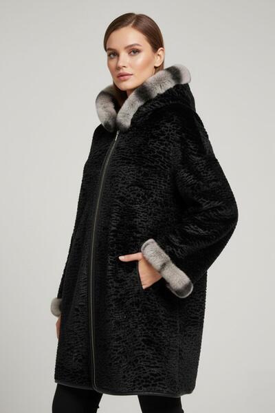 Deriderim Siyah Hillary Geniş Kesim Içi Kumaş Çift Taraflı Kapüşon Ve Kol Ağz...