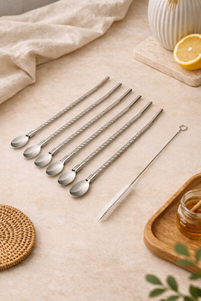 Anadolu Saray 6 Adet Paslanmaz Çelik Kaşık Pipet Seti + Temizleme Fırçası Hem...