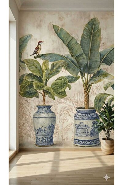 dekoartizan Tropikal Bitkiler 2 Saksılı Duvar Kağıtları. Tekstil Tek Parça Du...