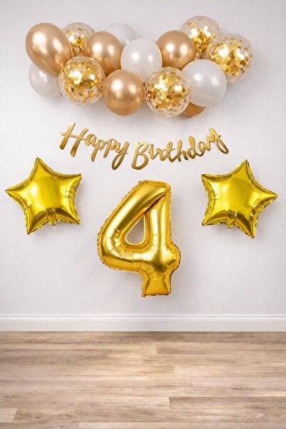 Patladı Gitti Gold Konsept 4 Yaş Doğum Günü Kutlama Seti; Beyaz Gold Konfetil...