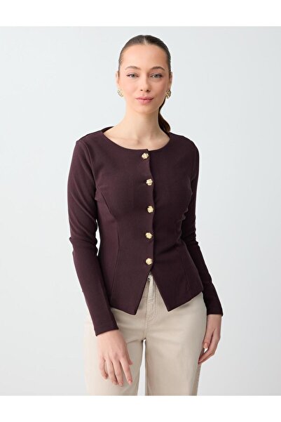 Jimmy Key Acı Kahve Dar Kesim Kayık Yaka Örme Ceket