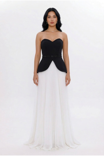 BDM Exclusive Straplez Kalp Yaka Peplum Taş Kemerli Premium Abiye Elbise