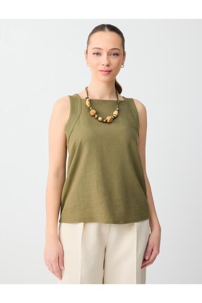 Jimmy Key Haki Kare Yaka Kolsuz Keten Karışımlı Dokuma Bluz