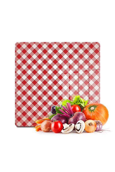 Decovetro Cam Kesme Tahtası Kare Kırmızı Beyaz Desenli