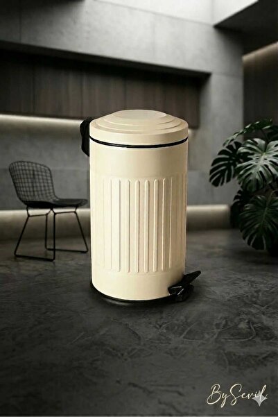 BySevil Vintage 16 Lt Pedallı Çöp Kovası Krem | Amortisörlü Kapak | Silinebil...