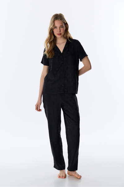 Penti Black Lilah Satin Buttoned Shirt Pants Pajama Set