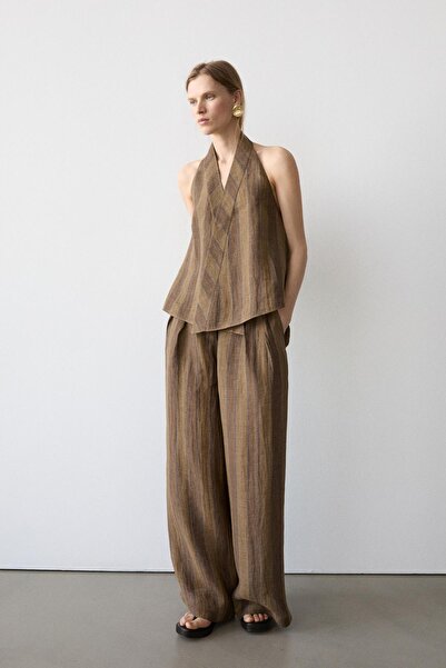 Massimo Dutti Keten çizgili geniş paça pantolon