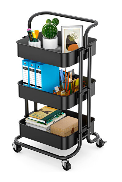 EGG رف تخزين متحرك متعدد الوظائف بثلاثة أرفف، عربة معدنية، أسود، لتخزين مستحض...