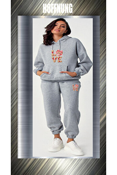 HOFFNUNG Unisex Casual Tracksuit Set Love Bear Head Outdoor Full Hoodie