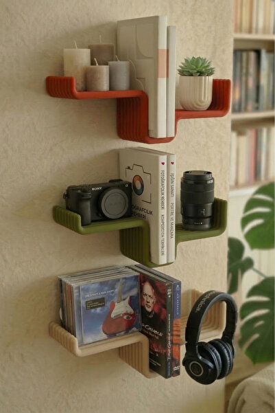 Puffin Design Edge 3'lü Dekoratif Mini Duvar Rafı Seti (Bej, Yeşil, Terracotta)