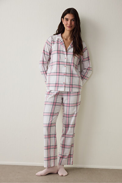 Penti Pink Plaid Shirt Collar Cotton Long Sleeve Pajama Set