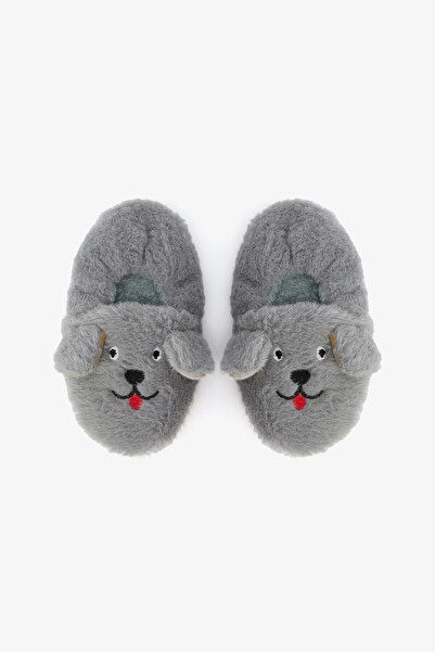 Penti Papuci de casă pentru băieți, gri, cu broderie de urs, textura moale