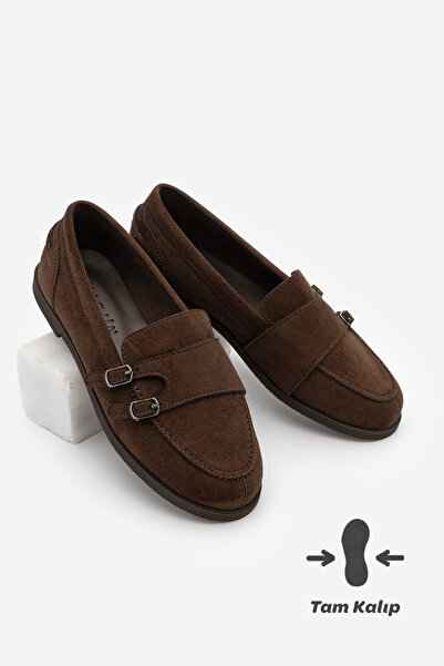 Marjin حذاء نسائي كاجوال مسطح بحزام مزدوج ومشبك من جلد الغزال باللون البني من...