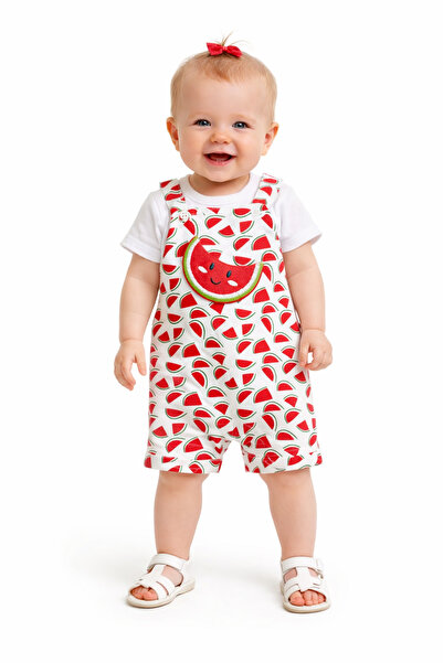 Mika Bebek & Çocuk Unisex Baby Red Watermelon Printed Summer Salopet Set