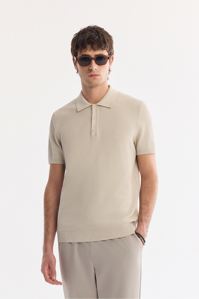 Avva Men's Beige Polo Neck Soft Touch Regular Fit Knitwear T-Shirt A61Y5046