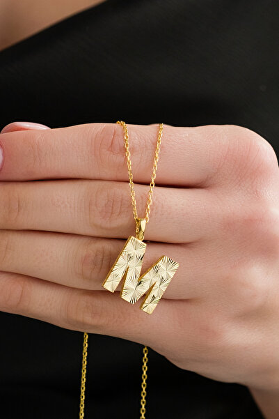 AcestesDesign M Harf Kolye Kalemli ve Lazer işlemeli Parlak 50 cm Zincir Alfa...