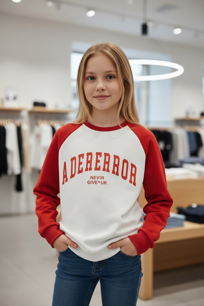 Minimoda Kids سويت شيرت بناتي بأكمام كريمية اللون ومطبوع باللون الأحمر