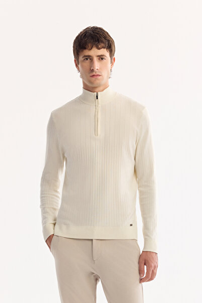 Avva Men's Ecru Stand Collar Zippered Soft Touch Striped Knitwear Regular Fit...