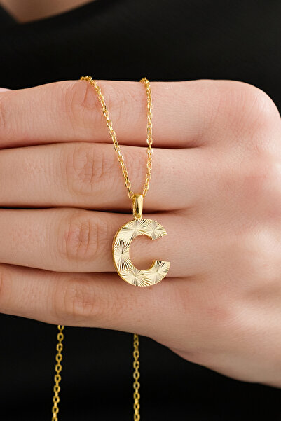 AcestesDesign C Harf Kolye Lazer İşlemeli Parlak Tasarım 50 cm Zincir Alfabe ...