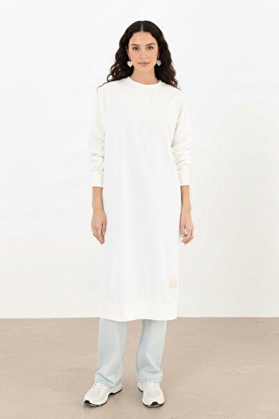 Soul Kadın Ribanalı Yırtmaç Detaylı Basic Uzun Tunik - 30645TUN - EKRU