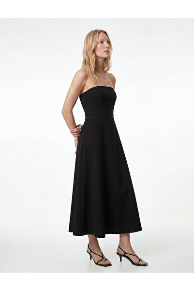 Koton Crepe Scuba Fabric Midi Length Strapless Flared Dress