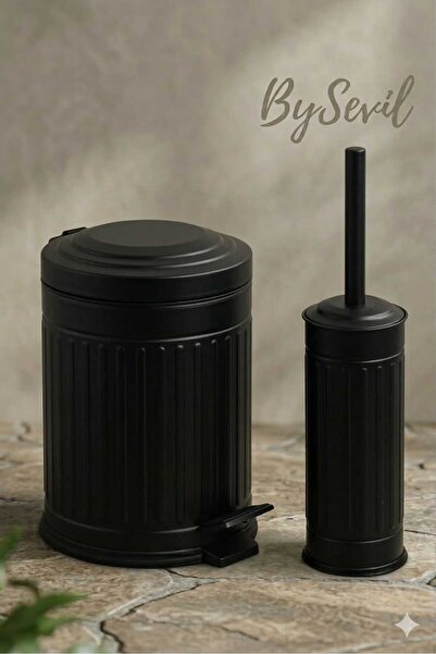 EMIR Vintage 2 Li Çöp Kovası Çöp Kutusu Banyo Seti Çizgili Model Siyah 5 Litr...