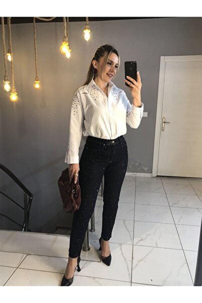 Gözde Tasarım Butik KADIN LACİVERT RENK LİKRALI YÜKSEK BEL FLARE TAŞLI JEAN K...