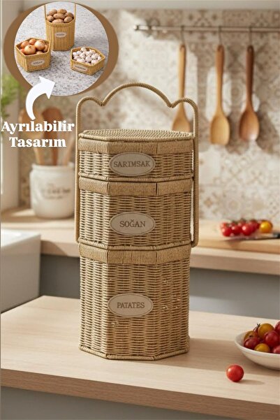 Bayev Penta 3 Katlı Hasır Kapaklı Patates Soğan Sarımsak Sepeti - 3 Boy Ratta...