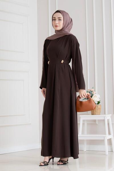 Sevitli Beli Buckle Detailed Hijab Dress - Brown