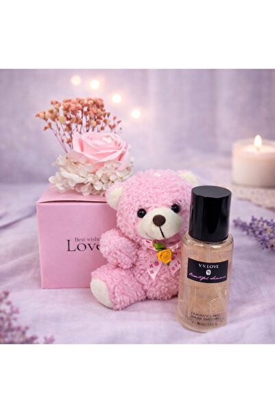 velve Set cadou cu ursulet de plus, trandafir roz pal de sapun, gypsophila cr...