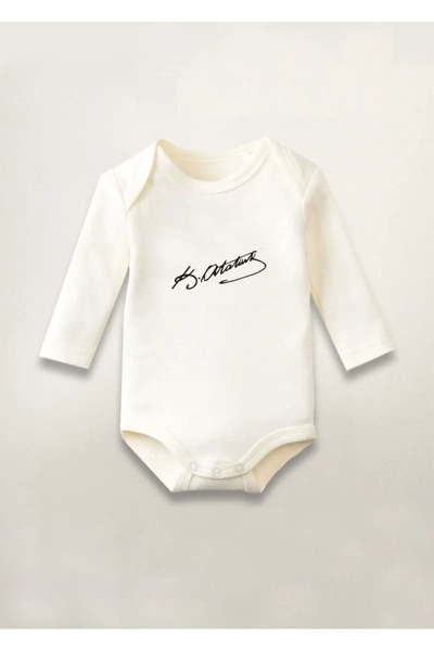 MODA Mustafa Kemal Atatürk İmza Baskılı Pamuklu Uzun Kollu Çıtçıtlı Bebek Bod...