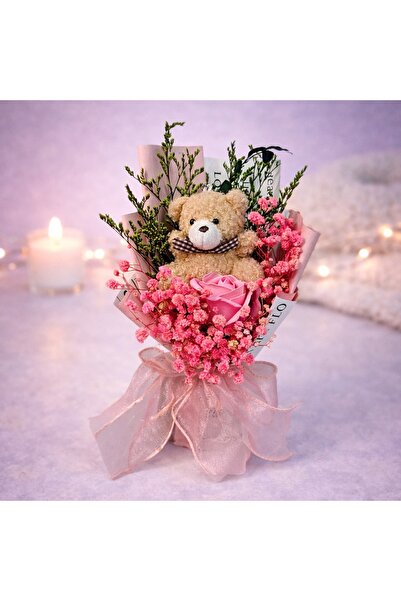 velve Aranjament cadou Best Wishes cu ursulet de plus, trandafir roz de sapun...