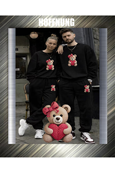 HOFFNUNG Unisex Casual Tracksuit Set Heart Bear Outdoor Full Sweatshirt