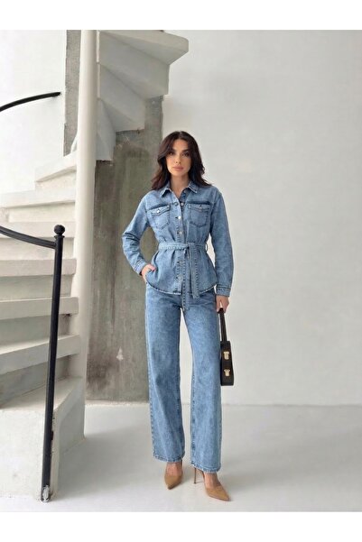KENE JEANS Belted Ice Snow Double Jacket+Pants Denim Suit