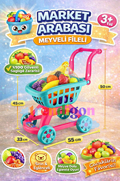 DENAPCAL Market Arabası Oyuncak Meyveli – Çocuk Alışveriş Arabası Oyuncak Seti