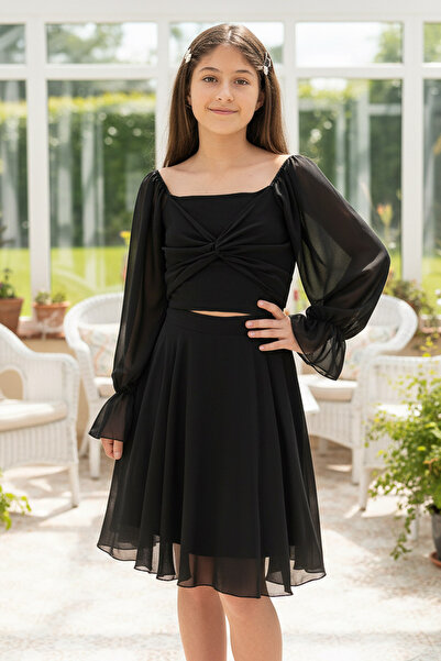 SUBU TASARIM Rochie de seară din sifon cu mânecă balon neagră MDV934