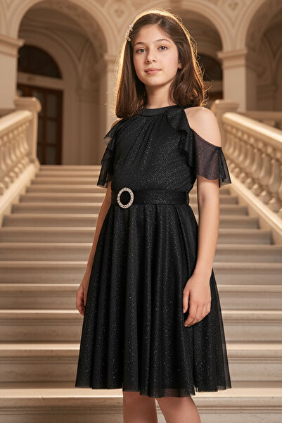 SUBU TASARIM Rochie de seara pentru copii din tul cu sclipici negru - MDV310
