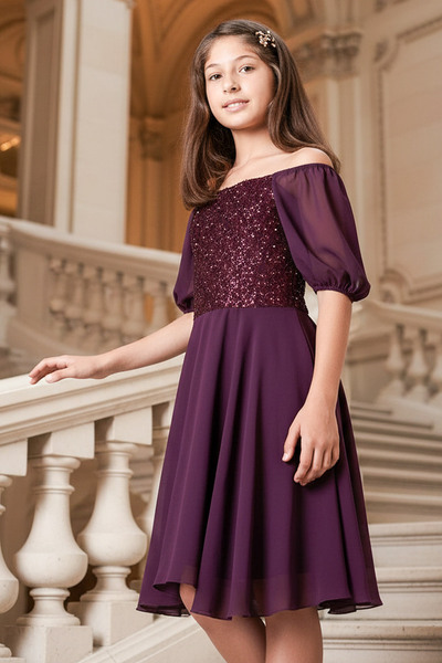 SUBU TASARIM Balloon Sleeve Detailed Chiffon Evening Dress Plum Mdv332