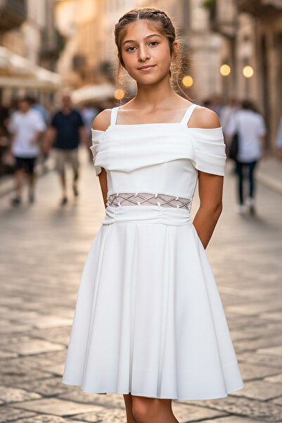 SUBU TASARIM Βραδινό φόρεμα για κορίτσια εκρού - Λεπτομέρεια μέσης MDV348