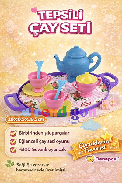 DENAPCAL Çay Seti Oyuncak Tepsili 9 Parça – Çocuk Evcilik Çay Servis Seti 3+ Yaş