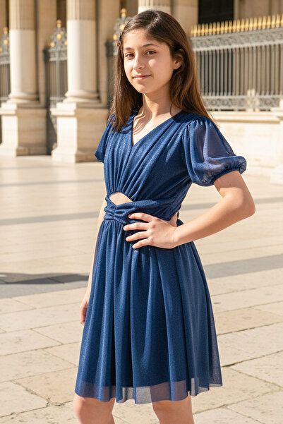 SUBU TASARIM Rochie de seară din tul cu sclipici cu mânecă balon Albastru ble...