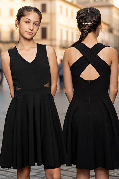 SUBU TASARIM Black Crepe V-neck Girl's Evening Dress - Mdv352