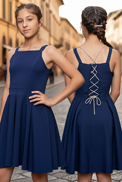 SUBU TASARIM Rochie de seara creponata bleumarin - fete, cu detaliu la spate ...