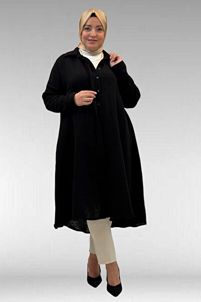 Eslina 58093 Büyük Beden Mevlana Kesim Müslin Gömlek - Siyah