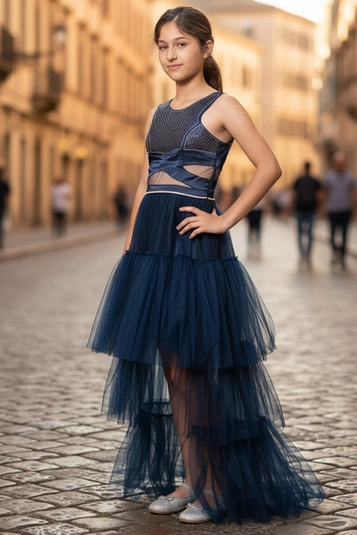 SUBU TASARIM Синій вечірній плаття з тюлю - з каменем, MDV340