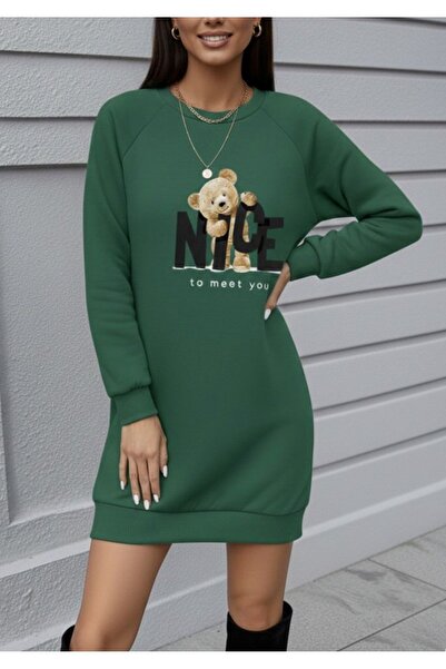 calperia Γυναικείο μακρυμάνικο φόρεμα με λαιμόκοψη αρκουδάκι με στάμπα βισκόζ...