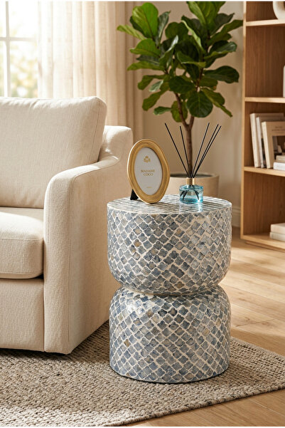 Lisso Lume Sedefli El İşçliği Lüks Modern Yan Sehpa Tabure 35x35 H:40