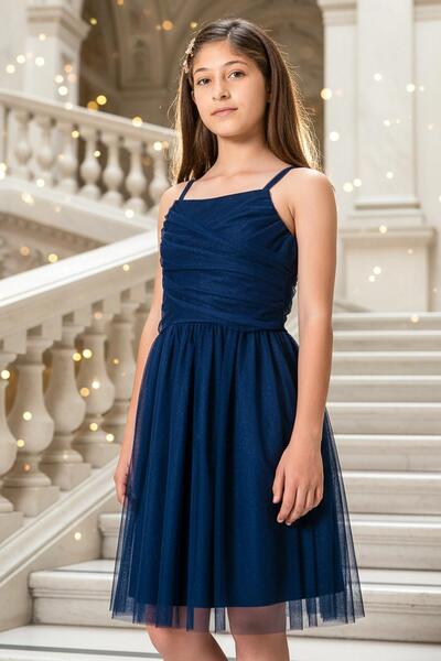 SUBU TASARIM Rochie de seara din tul bleumarin - cu bretele MDV932