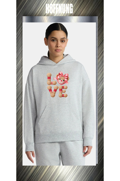 HOFFNUNG Unisex Cotton Lu Oversized Love Bear Head Printed Hooded Collar Comf...